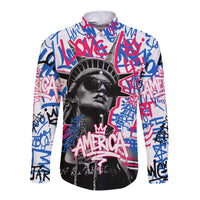 Statue of Liberty Graffiti Street Art Long Sleeve Button Shirt America Text and 4th of July Theme in Red White and Blue Design - Wonder Print Shop