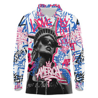Statue of Liberty Graffiti Street Art Long Sleeve Polo Shirt America Text and 4th of July Theme in Red White and Blue Design - Wonder Print Shop