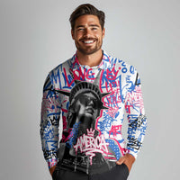 Statue of Liberty Graffiti Street Art Long Sleeve Polo Shirt America Text and 4th of July Theme in Red White and Blue Design - Wonder Print Shop