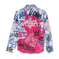 Statue of Liberty Graffiti Street Art Women Casual Shirt America Text and 4th of July Theme in Red White and Blue Design - Wonder Print Shop