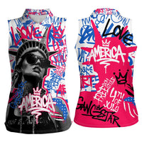Statue of Liberty Graffiti Street Art Women Sleeveless Polo Shirt America Text and 4th of July Theme in Red White and Blue Design - Wonder Print Shop