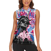 Statue of Liberty Graffiti Street Art Women Sleeveless Polo Shirt America Text and 4th of July Theme in Red White and Blue Design - Wonder Print Shop