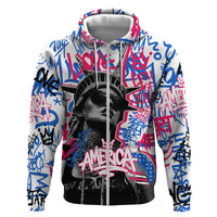 Statue of Liberty Graffiti Street Art Zip Hoodie America Text and 4th of July Theme in Red White and Blue Design - Wonder Print Shop