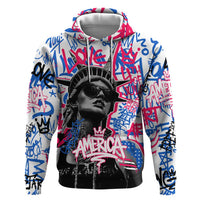 Statue of Liberty Graffiti Street Art Zip Hoodie America Text and 4th of July Theme in Red White and Blue Design - Wonder Print Shop
