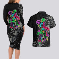 Teddy Bear Hip Hop Graffiti Street Art Couples Matching Long Sleeve Bodycon Dress and Hawaiian Shirt Crown Shades and Colorful Spray Paint Design - Wonder Print Shop