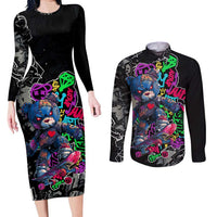Teddy Bear Hip Hop Graffiti Street Art Couples Matching Long Sleeve Bodycon Dress and Long Sleeve Button Shirt Crown Shades and Colorful Spray Paint Design - Wonder Print Shop