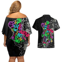 Teddy Bear Hip Hop Graffiti Street Art Couples Matching Off Shoulder Short Dress and Hawaiian Shirt Crown Shades and Colorful Spray Paint Design - Wonder Print Shop