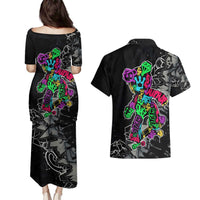 Teddy Bear Hip Hop Graffiti Street Art Couples Matching Puletasi and Hawaiian Shirt Crown Shades and Colorful Spray Paint Design - Wonder Print Shop