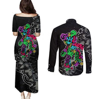 Teddy Bear Hip Hop Graffiti Street Art Couples Matching Puletasi and Long Sleeve Button Shirt Crown Shades and Colorful Spray Paint Design - Wonder Print Shop