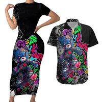 Teddy Bear Hip Hop Graffiti Street Art Couples Matching Short Sleeve Bodycon Dress and Hawaiian Shirt Crown Shades and Colorful Spray Paint Design - Wonder Print Shop