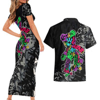Teddy Bear Hip Hop Graffiti Street Art Couples Matching Short Sleeve Bodycon Dress and Hawaiian Shirt Crown Shades and Colorful Spray Paint Design - Wonder Print Shop