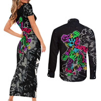 Teddy Bear Hip Hop Graffiti Street Art Couples Matching Short Sleeve Bodycon Dress and Long Sleeve Button Shirt Crown Shades and Colorful Spray Paint Design - Wonder Print Shop