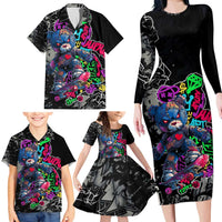 Teddy Bear Hip Hop Graffiti Street Art Family Matching Long Sleeve Bodycon Dress and Hawaiian Shirt Crown Shades and Colorful Spray Paint Design - Wonder Print Shop