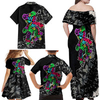 Teddy Bear Hip Hop Graffiti Street Art Family Matching Off Shoulder Maxi Dress and Hawaiian Shirt Crown Shades and Colorful Spray Paint Design - Wonder Print Shop