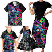 Teddy Bear Hip Hop Graffiti Street Art Family Matching Short Sleeve Bodycon Dress and Hawaiian Shirt Crown Shades and Colorful Spray Paint Design - Wonder Print Shop