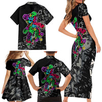 Teddy Bear Hip Hop Graffiti Street Art Family Matching Short Sleeve Bodycon Dress and Hawaiian Shirt Crown Shades and Colorful Spray Paint Design - Wonder Print Shop