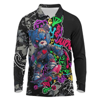 Teddy Bear Hip Hop Graffiti Street Art Long Sleeve Polo Shirt Crown Shades and Colorful Spray Paint Design - Wonder Print Shop