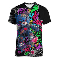 Teddy Bear Hip Hop Graffiti Street Art Women V-Neck T-Shirt Crown Shades and Colorful Spray Paint Design - Wonder Print Shop