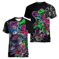 Teddy Bear Hip Hop Graffiti Street Art Women V-Neck T-Shirt Crown Shades and Colorful Spray Paint Design - Wonder Print Shop