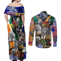 Nelson Mandela Couples Matching Off Shoulder Maxi Dress and Long Sleeve Button Shirt Street Spray Art Recreating The Life Of A Great Man - Wonder Print Shop