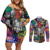Nelson Mandela Couples Matching Off Shoulder Short Dress and Long Sleeve Button Shirt Street Spray Art Recreating The Life Of A Great Man - Wonder Print Shop