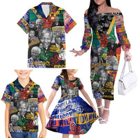 Nelson Mandela Family Matching Off The Shoulder Long Sleeve Dress and Hawaiian Shirt Street Spray Art Recreating The Life Of A Great Man - Wonder Print Shop