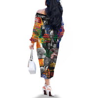 Nelson Mandela Family Matching Off The Shoulder Long Sleeve Dress and Hawaiian Shirt Street Spray Art Recreating The Life Of A Great Man - Wonder Print Shop