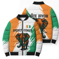 Ivory Coast Bomber Puffer Jacket with Tribal Elephant and Paint Splash Design - Wonder Print Shop