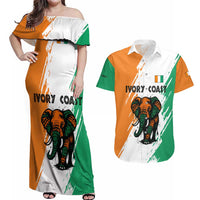 Ivory Coast Couples Matching Off Shoulder Maxi Dress and Hawaiian Shirt with Tribal Elephant and Paint Splash Design - Wonder Print Shop