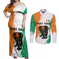 Ivory Coast Couples Matching Off Shoulder Maxi Dress and Long Sleeve Button Shirt with Tribal Elephant and Paint Splash Design - Wonder Print Shop