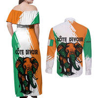 Ivory Coast Couples Matching Off Shoulder Maxi Dress and Long Sleeve Button Shirt with Tribal Elephant and Paint Splash Design - Wonder Print Shop