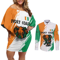 Ivory Coast Couples Matching Off Shoulder Short Dress and Long Sleeve Button Shirt with Tribal Elephant and Paint Splash Design - Wonder Print Shop