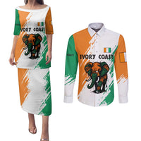 Ivory Coast Couples Matching Puletasi and Long Sleeve Button Shirt with Tribal Elephant and Paint Splash Design - Wonder Print Shop