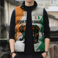 Ivory Coast Sleeveless Puffer Jacket with Tribal Elephant and Paint Splash Design - Wonder Print Shop