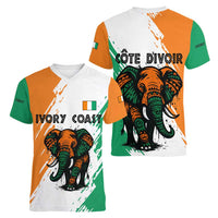 Ivory Coast Women V-Neck T-Shirt with Tribal Elephant and Paint Splash Design - Wonder Print Shop