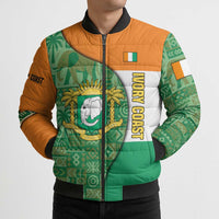 Ivory Coast Bomber Puffer Jacket with Elephant Crest and Tribal Pattern Design - Wonder Print Shop