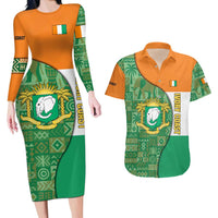 Ivory Coast Couples Matching Long Sleeve Bodycon Dress and Hawaiian Shirt with Elephant Crest and Tribal Pattern Design - Wonder Print Shop