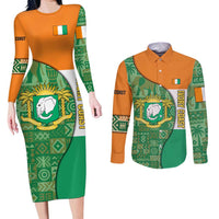 Ivory Coast Couples Matching Long Sleeve Bodycon Dress and Long Sleeve Button Shirt with Elephant Crest and Tribal Pattern Design - Wonder Print Shop