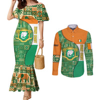 Ivory Coast Couples Matching Mermaid Dress and Long Sleeve Button Shirt with Elephant Crest and Tribal Pattern Design - Wonder Print Shop