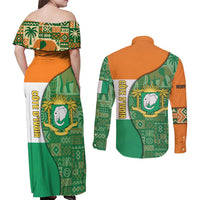Ivory Coast Couples Matching Off Shoulder Maxi Dress and Long Sleeve Button Shirt with Elephant Crest and Tribal Pattern Design - Wonder Print Shop