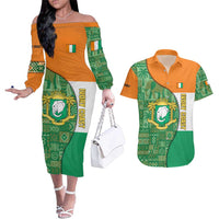 Ivory Coast Couples Matching Off The Shoulder Long Sleeve Dress and Hawaiian Shirt with Elephant Crest and Tribal Pattern Design - Wonder Print Shop