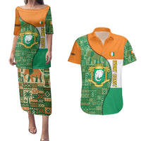 Ivory Coast Couples Matching Puletasi and Hawaiian Shirt with Elephant Crest and Tribal Pattern Design - Wonder Print Shop