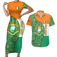 Ivory Coast Couples Matching Short Sleeve Bodycon Dress and Hawaiian Shirt with Elephant Crest and Tribal Pattern Design - Wonder Print Shop