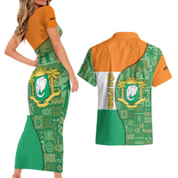 Ivory Coast Couples Matching Short Sleeve Bodycon Dress and Hawaiian Shirt with Elephant Crest and Tribal Pattern Design - Wonder Print Shop