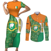 Ivory Coast Couples Matching Short Sleeve Bodycon Dress and Long Sleeve Button Shirt with Elephant Crest and Tribal Pattern Design - Wonder Print Shop