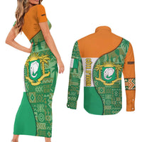 Ivory Coast Couples Matching Short Sleeve Bodycon Dress and Long Sleeve Button Shirt with Elephant Crest and Tribal Pattern Design - Wonder Print Shop