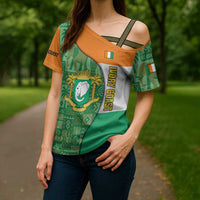 Ivory Coast Cross Shoulder Shirt with Elephant Crest and Tribal Pattern Design - Wonder Print Shop