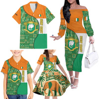 Ivory Coast Family Matching Off The Shoulder Long Sleeve Dress and Hawaiian Shirt with Elephant Crest and Tribal Pattern Design - Wonder Print Shop