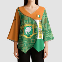 Ivory Coast Kimono Sleeve Blouse with Elephant Crest and Tribal Pattern Design - Wonder Print Shop