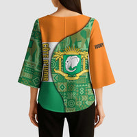 Ivory Coast Kimono Sleeve Blouse with Elephant Crest and Tribal Pattern Design - Wonder Print Shop